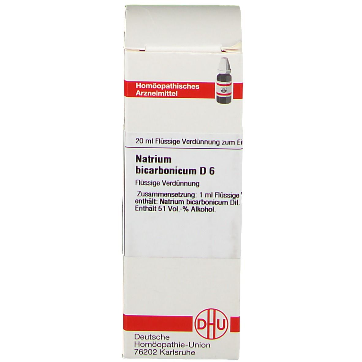 Produktverpackung. Weißer Karton mit Produktinformationen. DHU Natrium bicarbonicum D6.
