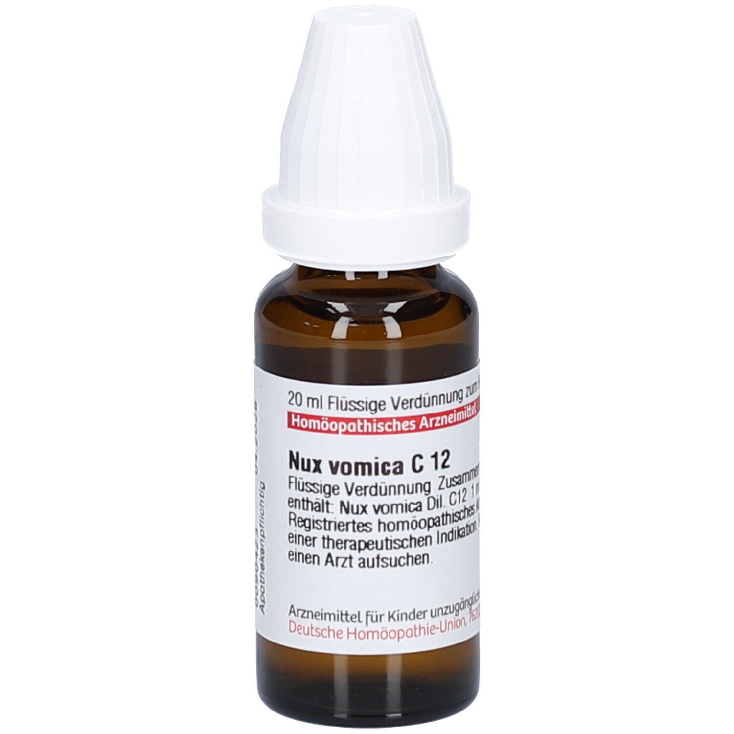 Braune Glasflasche mit weißem Verschluss und Etikett. Auf dem Etikett steht Nux vomica C12.