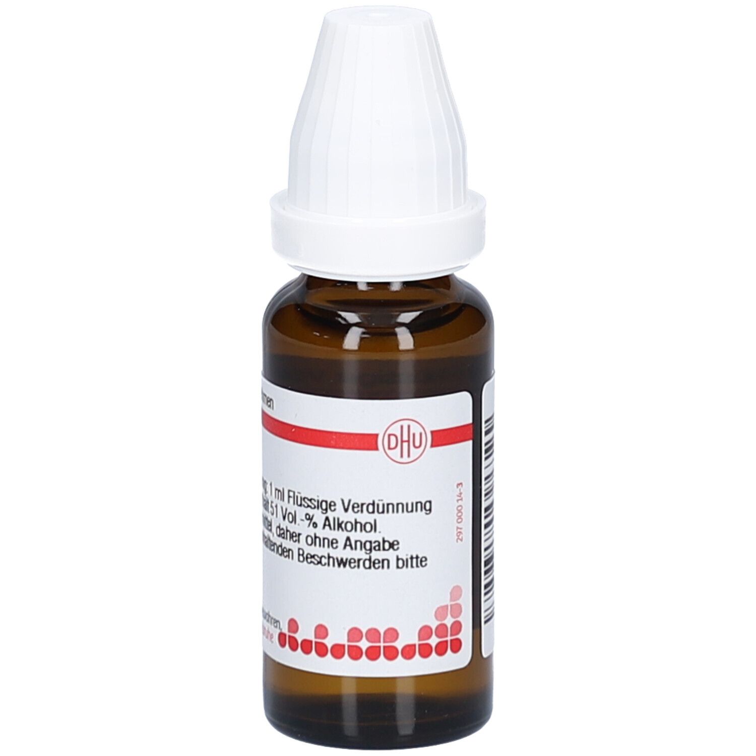 Braune Glasflasche mit weißem Verschluss und Etikett. Auf dem Etikett steht Nux vomica C12.