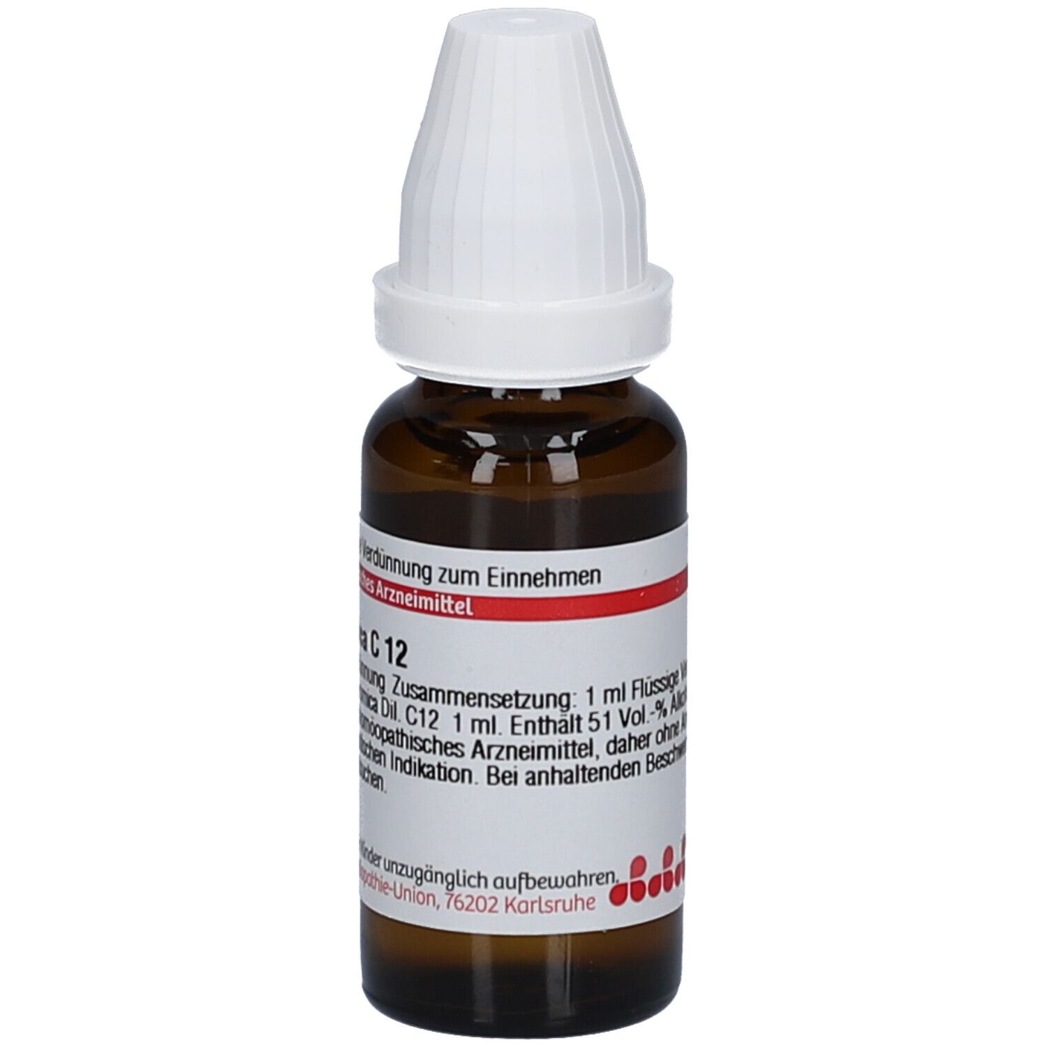 Braune Glasflasche mit weißem Verschluss und Etikett. Auf dem Etikett steht Nux vomica C12.