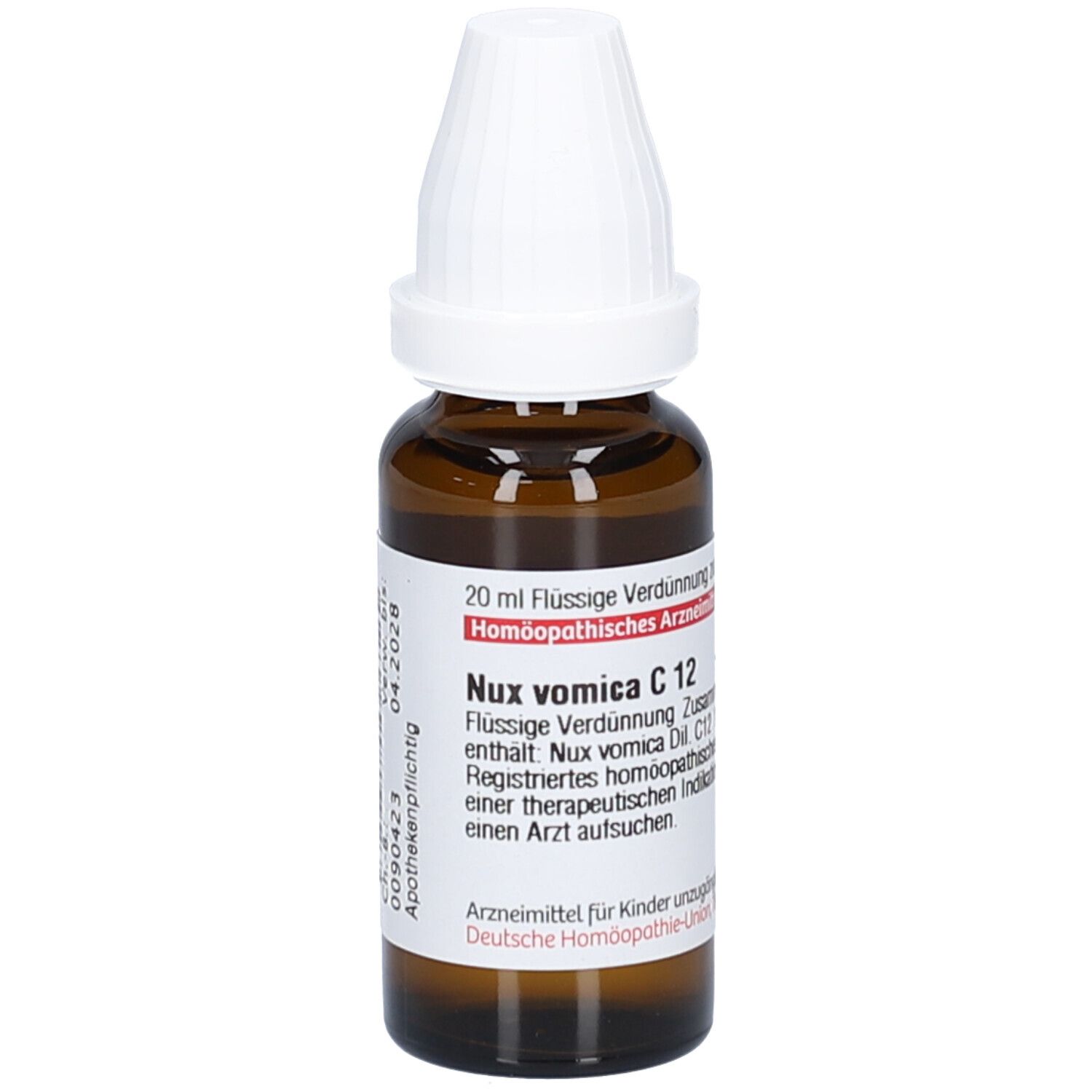 Braune Glasflasche mit weißem Verschluss und Etikett. Auf dem Etikett steht Nux vomica C12. Verfallsdatum 04.2028.