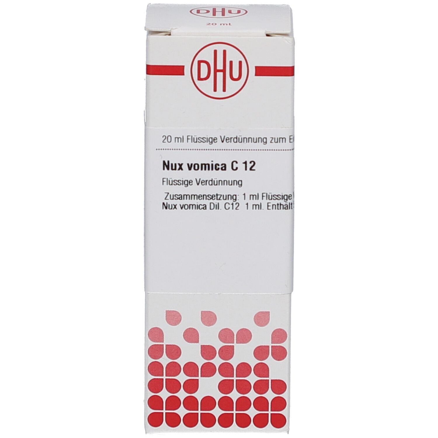 Weiße Schachtel mit rotem Logo und Schriftzug. Auf der Schachtel steht Nux vomica C12.