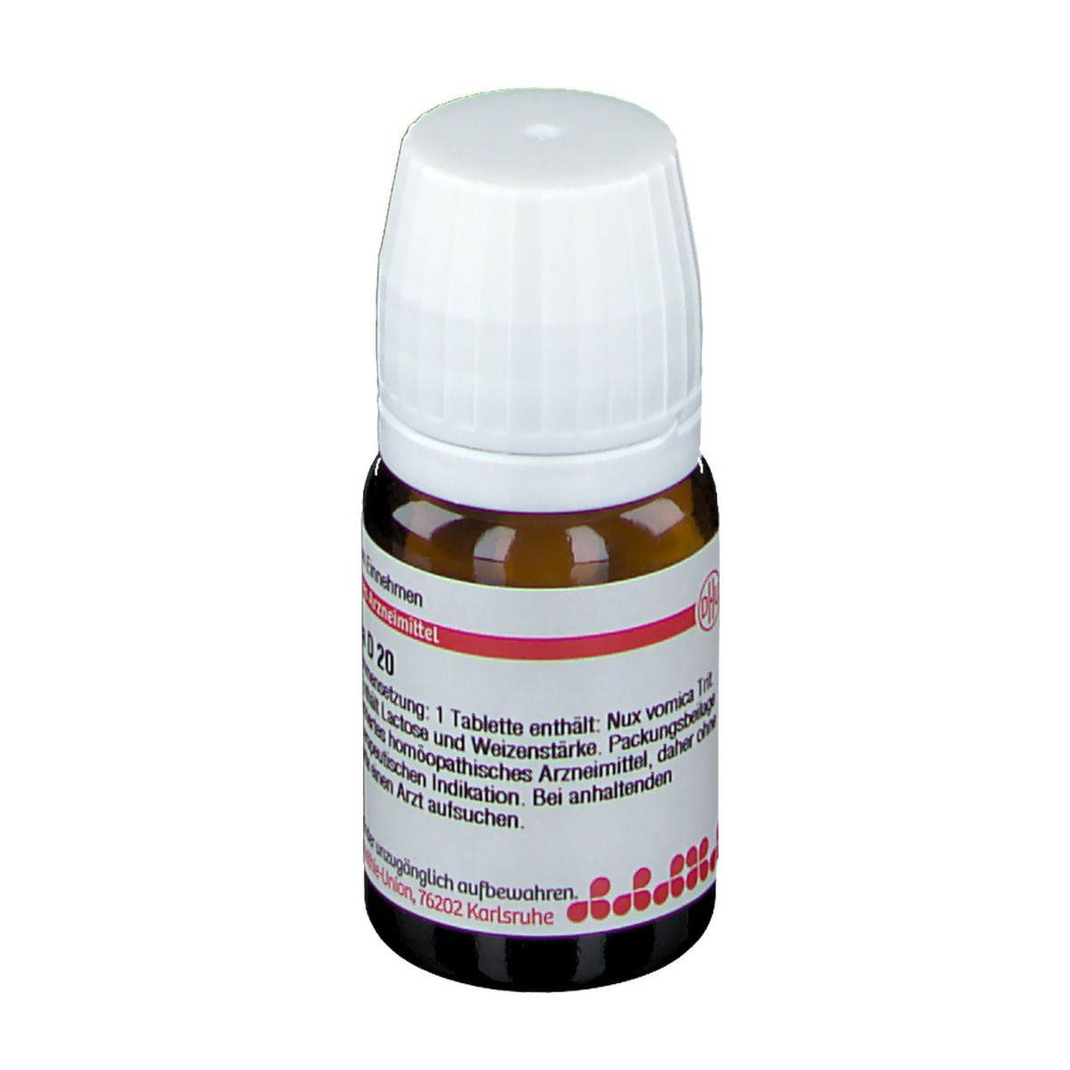 Braune Glasflasche mit weißem Deckel. Etikett mit rotem Streifen und Text. Produktname und Details sind sichtbar.