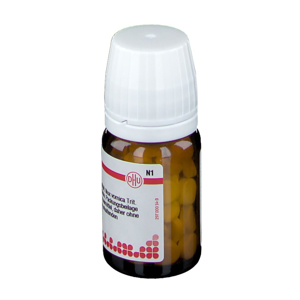 Braune Glasflasche mit weißem Deckel. Enthält gelbe Tabletten. Etikett mit Text. Produktname nicht sichtbar.