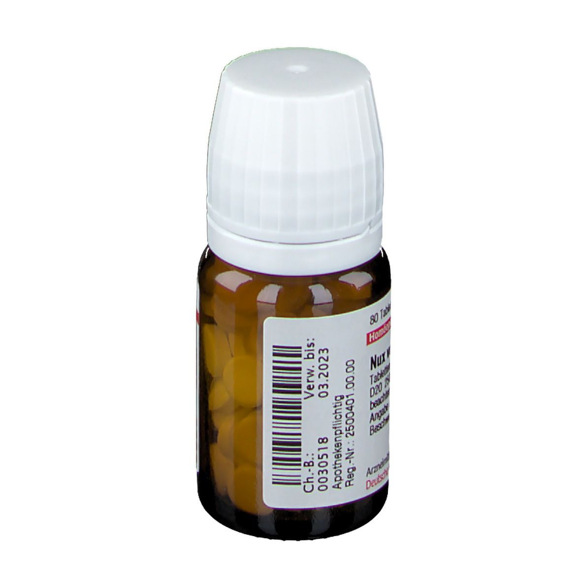 Braune Glasflasche mit weißem Deckel. Etikett mit Text und Barcode. Enthält gelbe Tabletten. Haltbarkeitsdatum sichtbar.