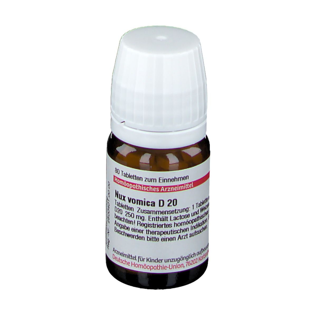 Braune Glasflasche mit weißem Deckel. Etikett mit Text. Enthält gelbe Tabletten. Produktname und Details sichtbar.