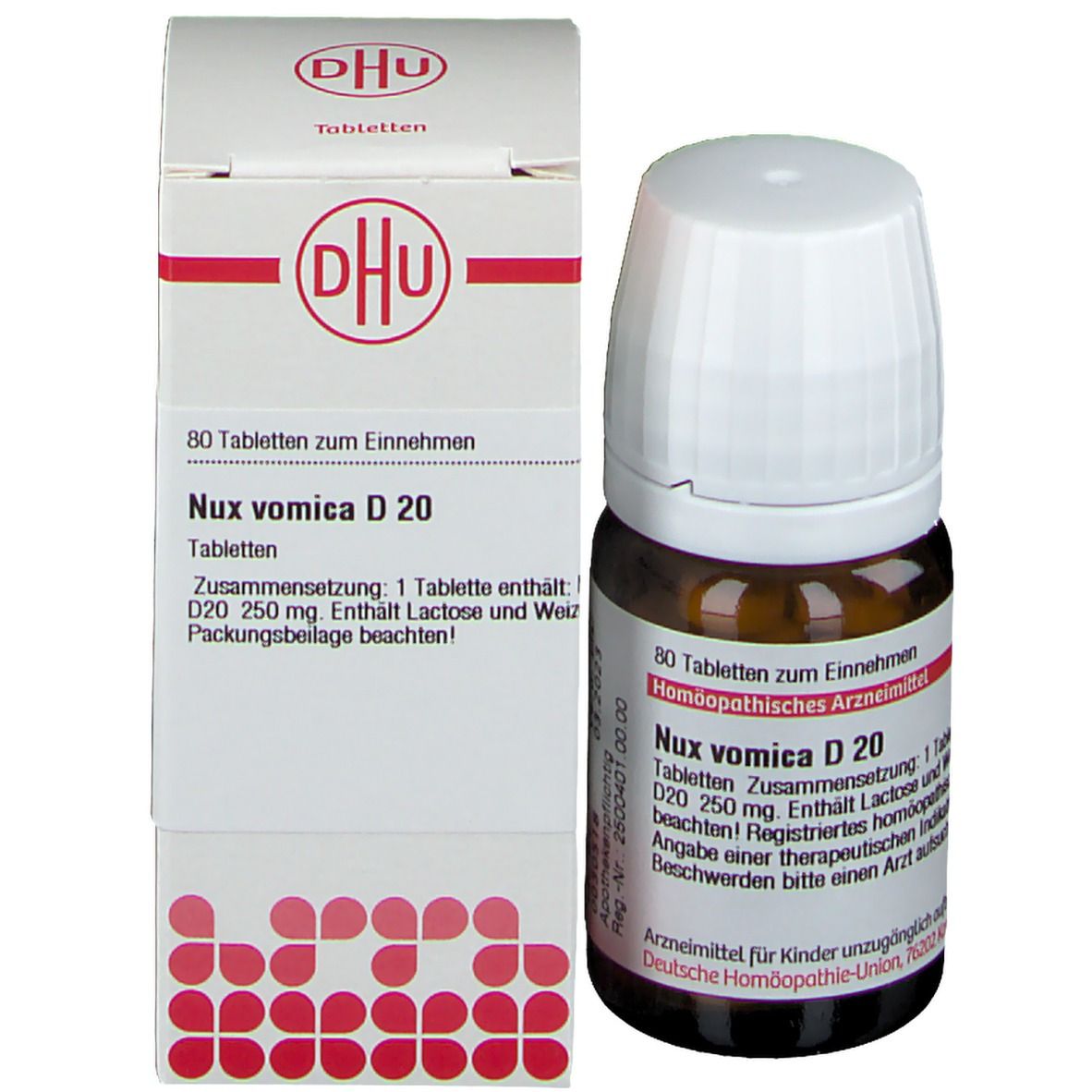 Produktflasche und Schachtel. Schachtel mit DHU-Logo und Text. Flasche mit gelben Tabletten und Etikett.