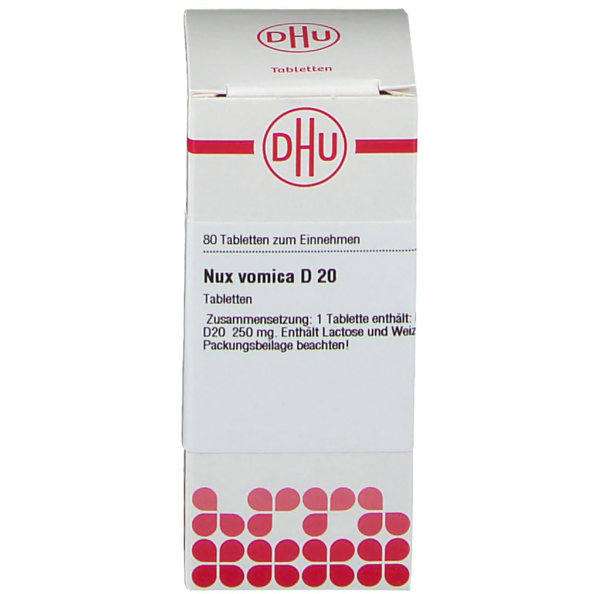 Weiße Schachtel mit DHU-Logo und Text. Roter Streifen und Produktinformationen. Enthält gelbe Tabletten.