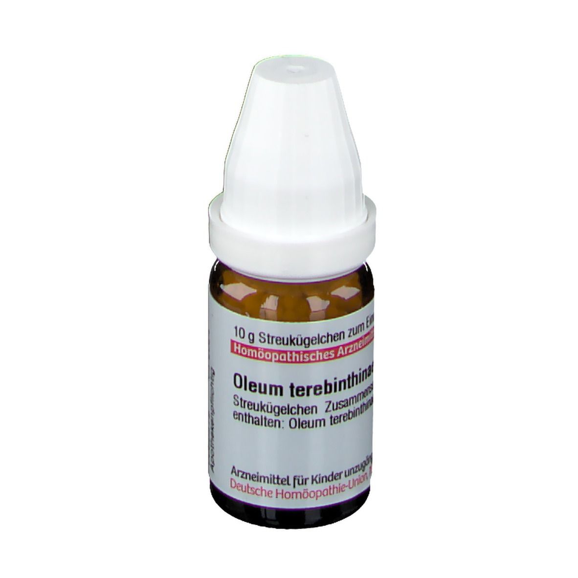 Braune Glasflasche mit weißem Verschluss. Beschriftung: 10 g Streukügelchen, Oleum terebinthinae.