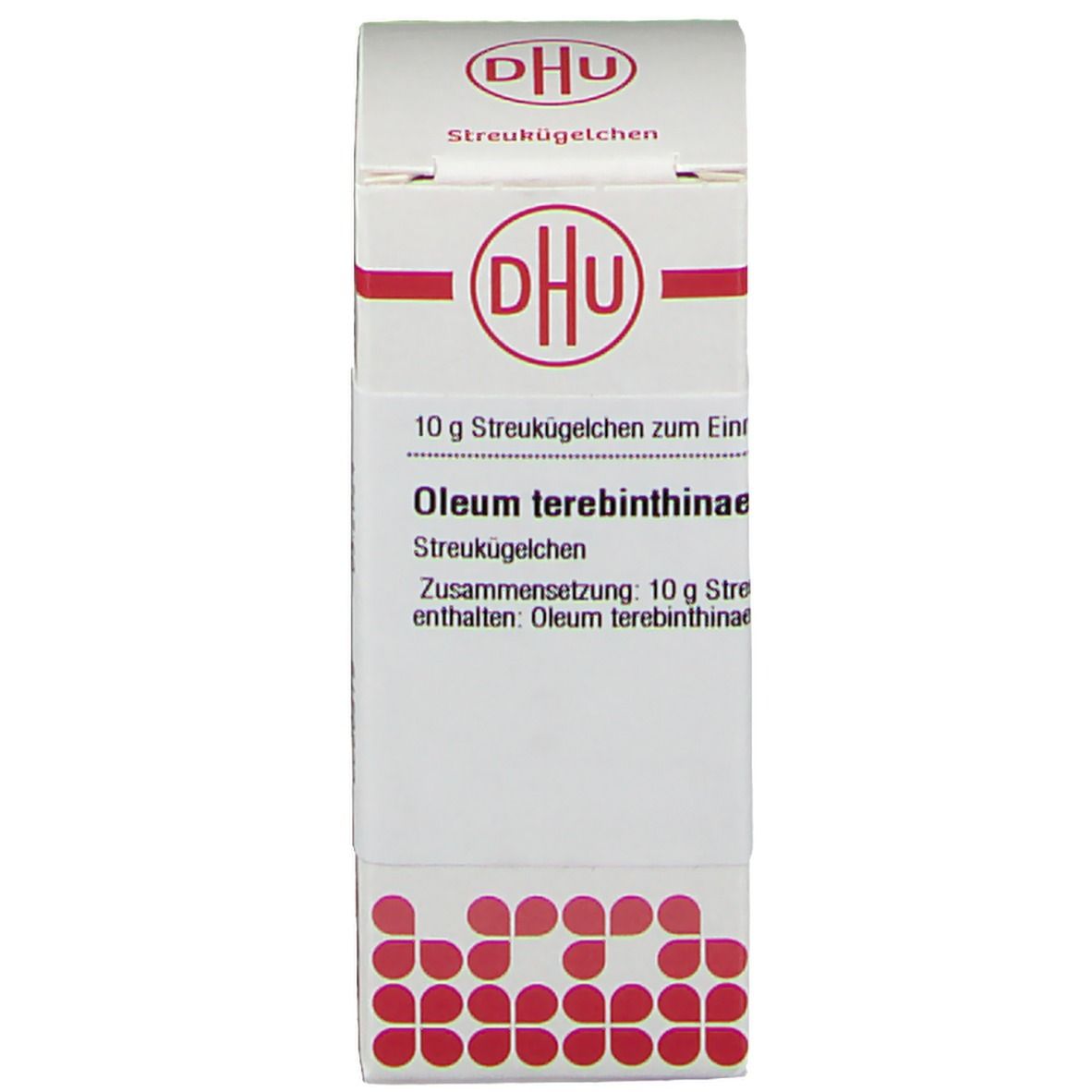 Produktverpackung. Beschriftung: DHU, Oleum terebinthinae, 10 g Streukügelchen.