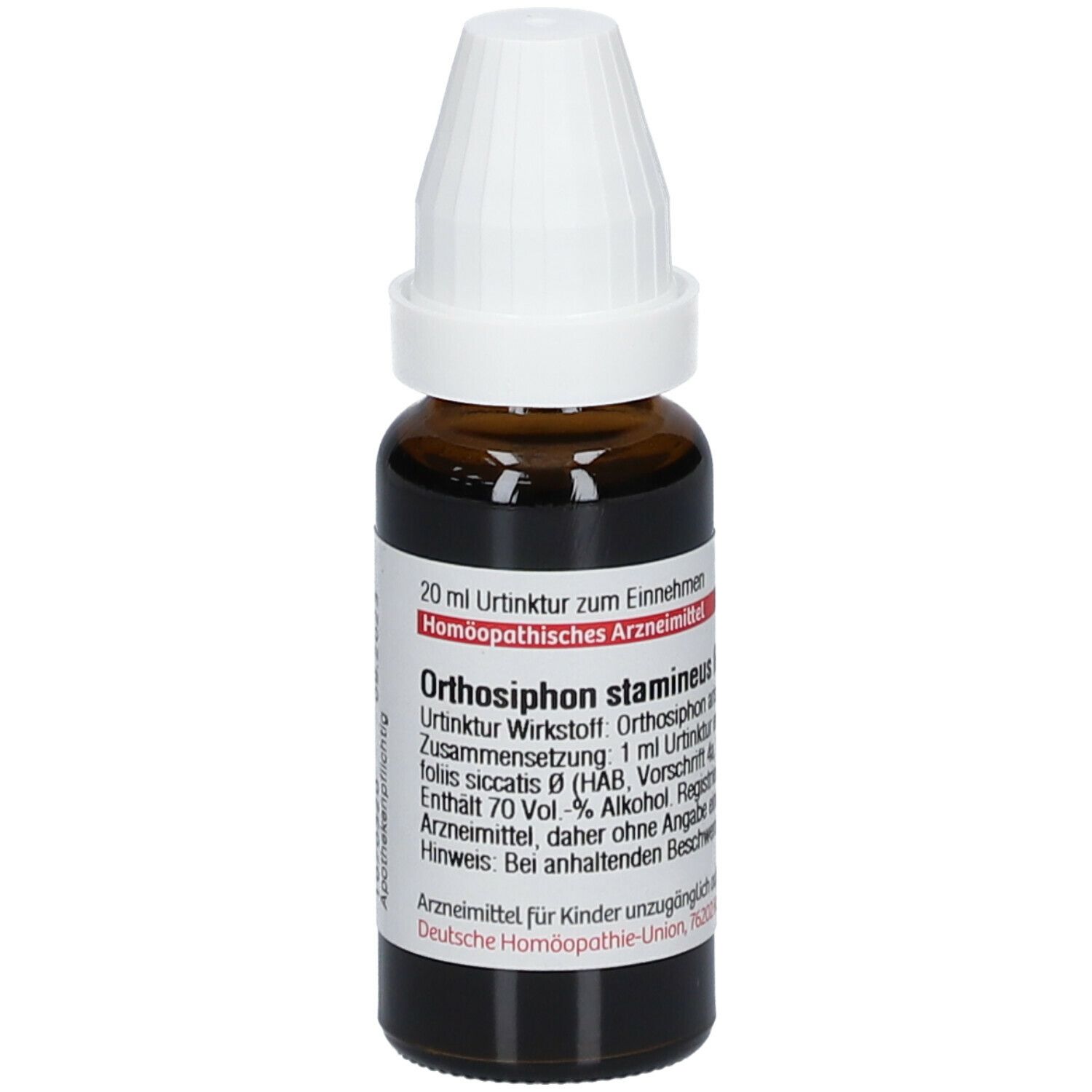 Braune Glasflasche mit weißem Verschluss. Etikett mit Produktinformationen. Homöopathisches Arzneimittel.