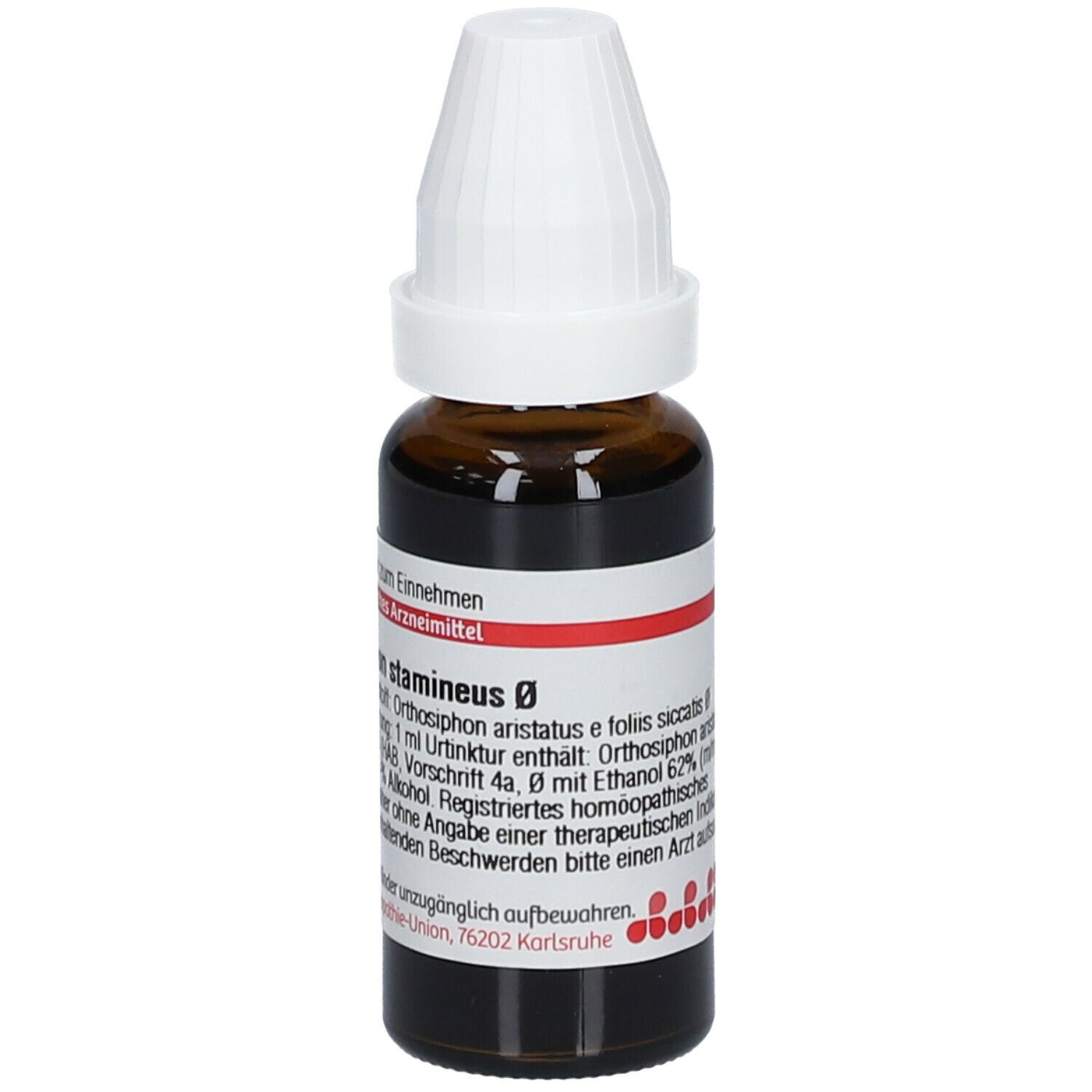 Braune Glasflasche mit weißem Verschluss. Etikett mit Produktinformationen. Homöopathisches Arzneimittel.