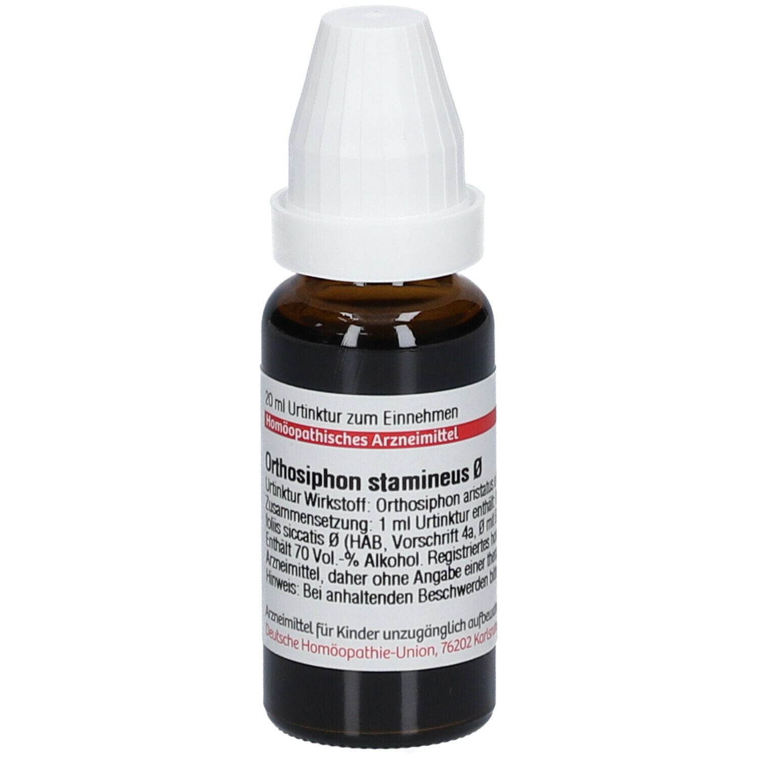 Braune Glasflasche mit weißem Verschluss. Etikett mit Produktinformationen. Homöopathisches Arzneimittel.