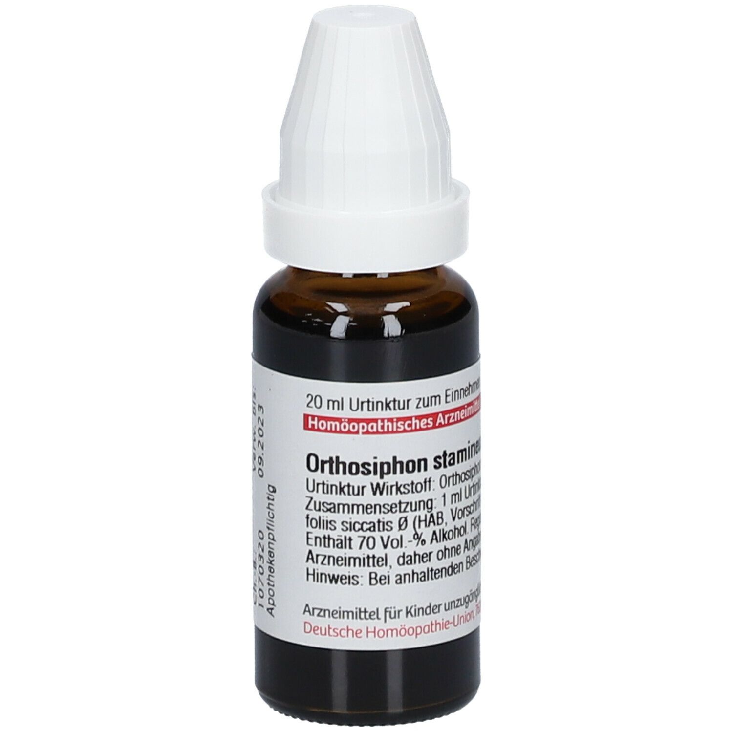 Braune Glasflasche mit weißem Verschluss. Etikett mit Produktinformationen. Homöopathisches Arzneimittel.