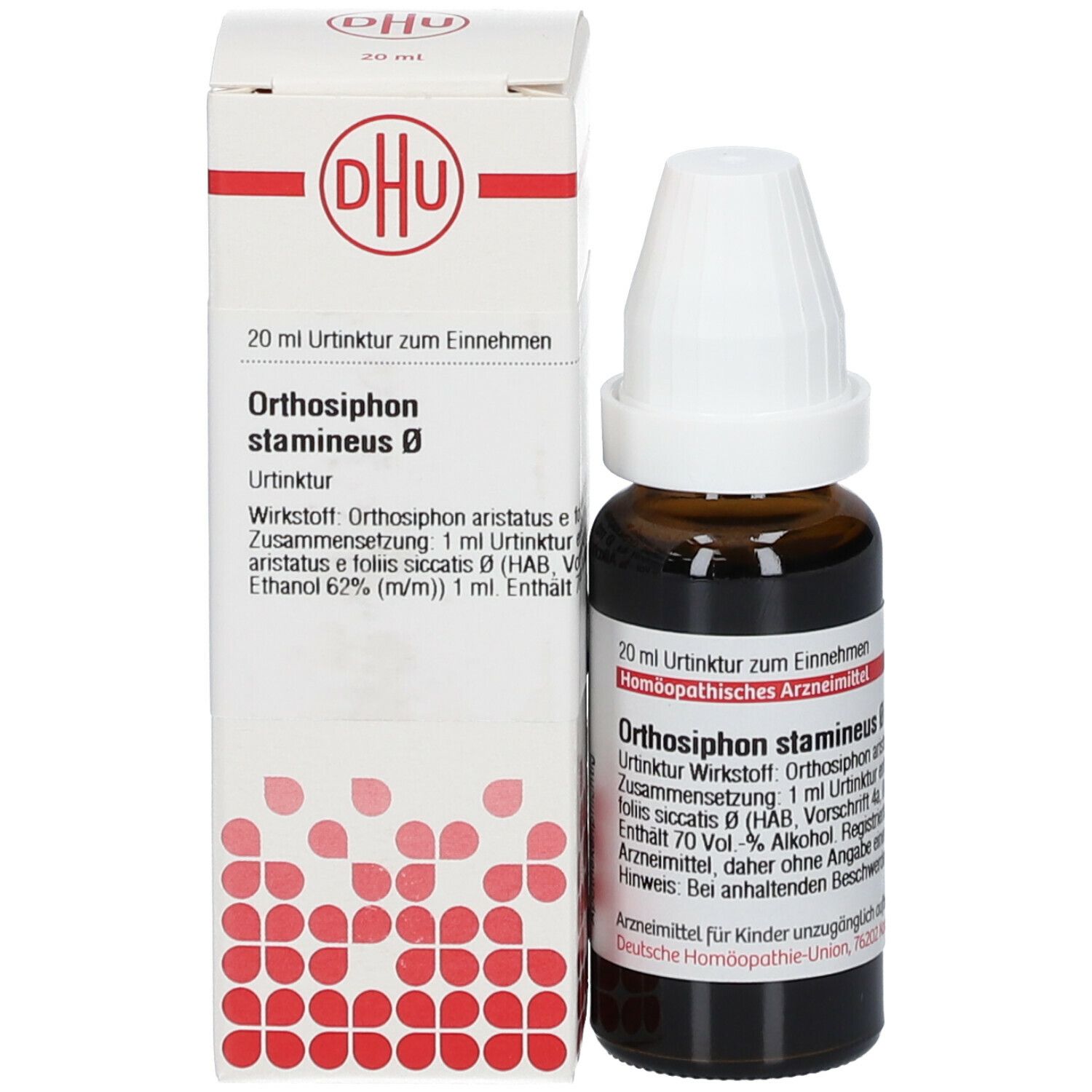 Braune Glasflasche mit weißem Verschluss und Umverpackung. DHU-Logo und Produktinformationen.
