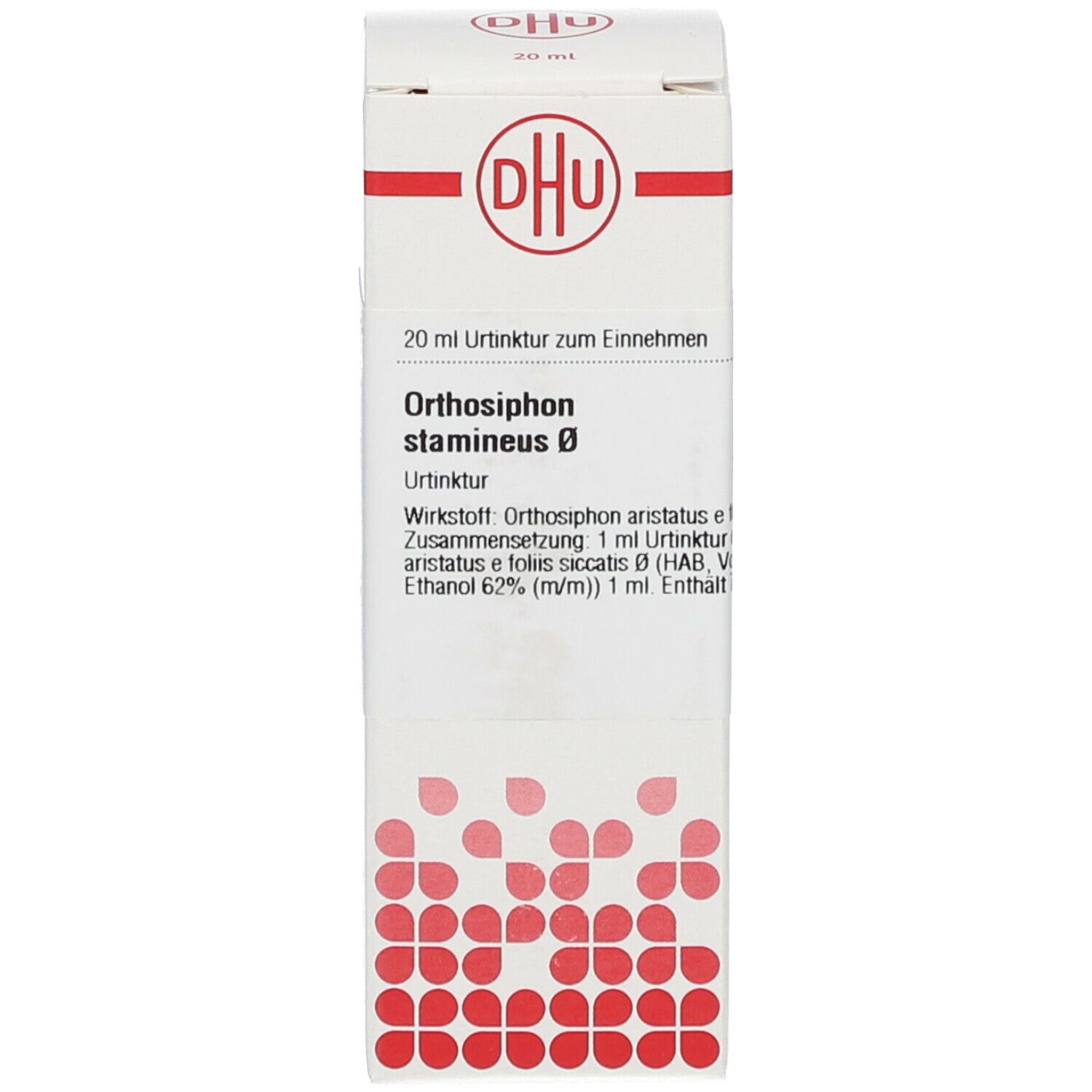 Weiße Verpackung mit DHU-Logo und Produktinformationen. Rote Designelemente.