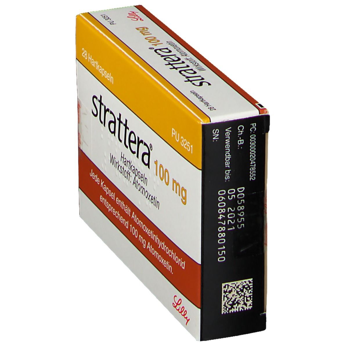 Strattera 100 mg Schachtel, Seitenansicht. Aufschrift: 28 Hartkapseln, Wirkstoff Atomoxetin. Orange-weißes Design.