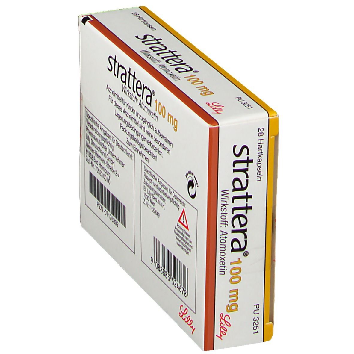 Strattera 100 mg Schachtel, schräge Ansicht. Aufschrift: 28 Hartkapseln, Wirkstoff Atomoxetin. Orange-weißes Design.
