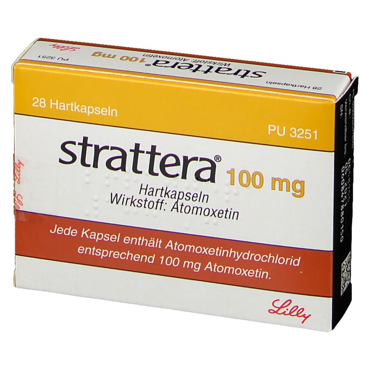 Strattera 100 mg Schachtel. Aufschrift: 28 Hartkapseln, Wirkstoff Atomoxetin. Orange-weißes Design. Lilly-Logo.
