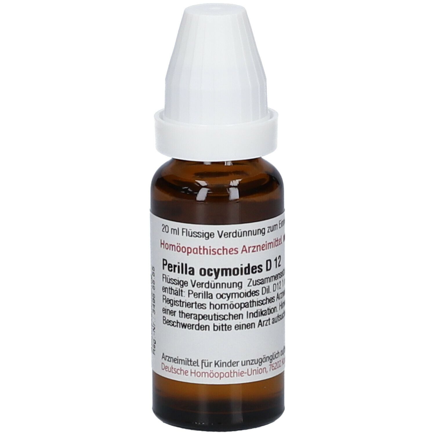 Braune Glasflasche mit weißem Verschluss. Beschriftung: Perilla ocymoides D12, 20 ml Flüssige Verdünnung.