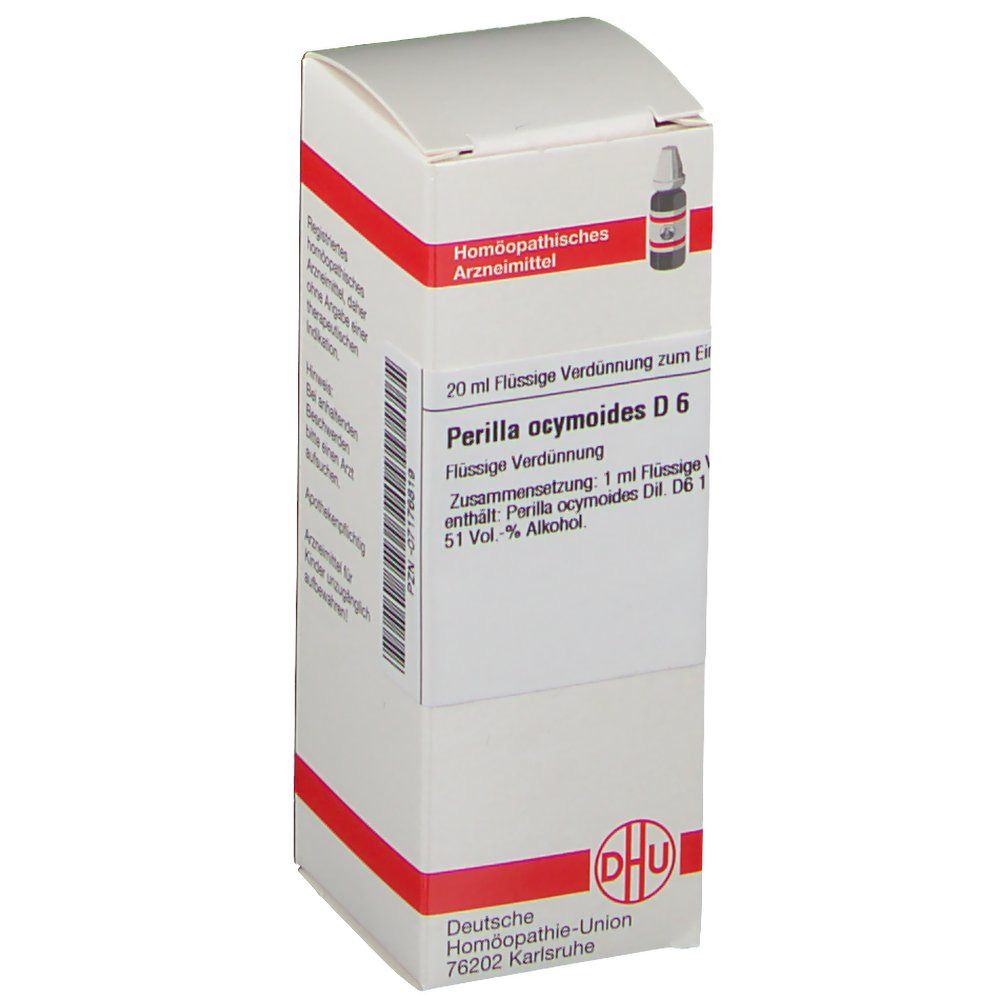 Weiße Schachtel mit roter Umrandung. Aufschrift: Perilla ocymoides D 6, DHU-Logo. Enthält eine Flasche.