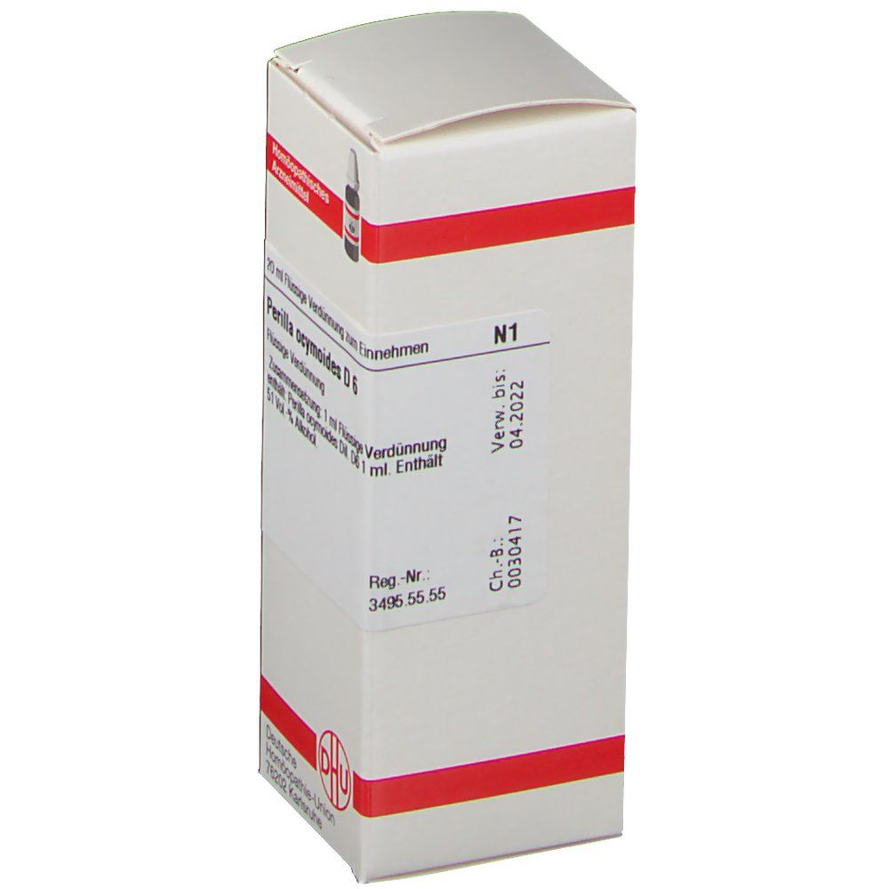 Weiße Schachtel mit roter Umrandung. Aufschrift: Perilla ocymoides D6, N1. Verfallsdatum 04.2022. DHU-Logo.