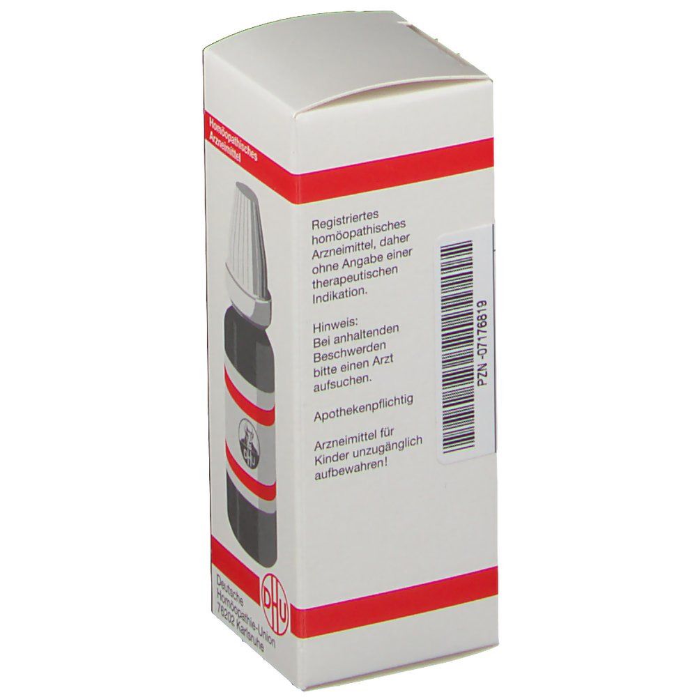 Weiße Schachtel mit roter Umrandung. Aufschrift: DHU-Logo. Flasche mit weißem Verschluss im Inneren.