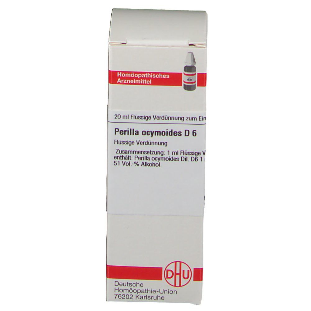 Weiße Schachtel mit roter Umrandung. Aufschrift: Perilla ocymoides D 6, DHU-Logo. Enthält eine Flasche.