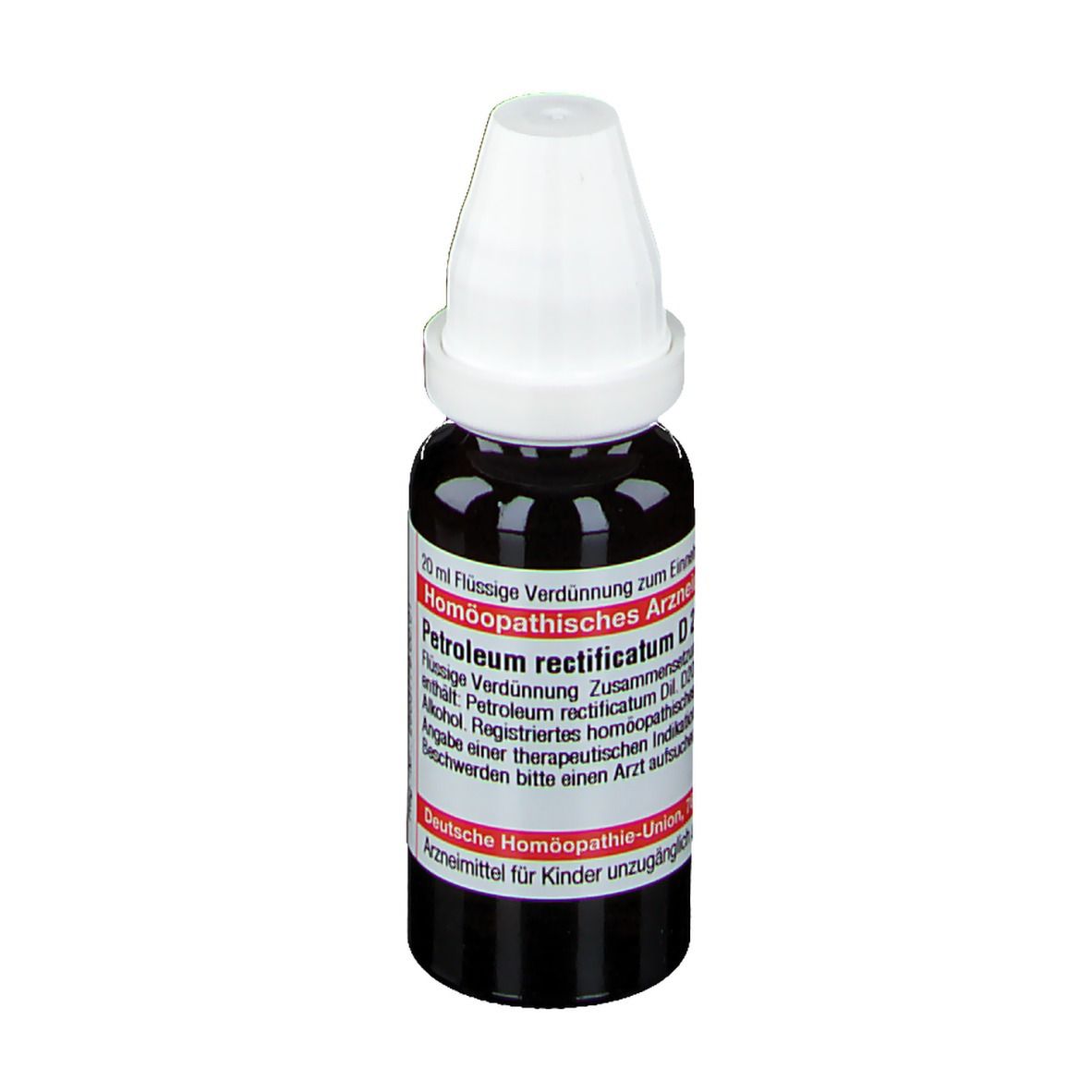 Braune Tropfflasche mit weißem Verschluss. Beschriftung: Petroleum rectificatum D200, DHU.
