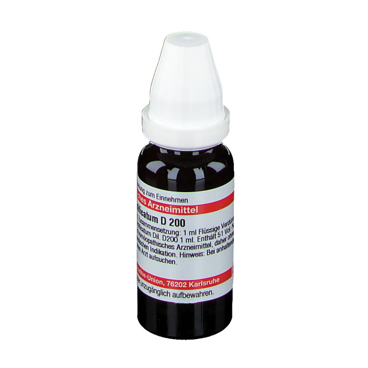 Braune Tropfflasche mit weißem Verschluss. Beschriftung: Petroleum rectificatum D 200, DHU.