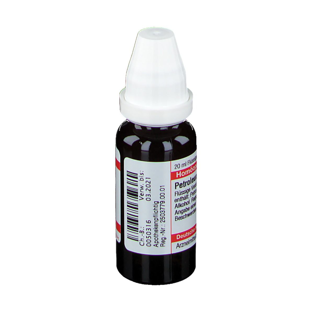 Braune Tropfflasche mit weißem Verschluss. Beschriftung: 20 ml, Apothekenpflichtig, DHU.