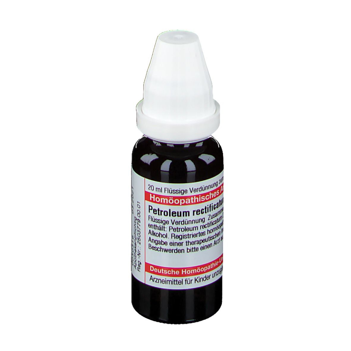 Braune Tropfflasche mit weißem Verschluss. Beschriftung: Petroleum rectificatum, DHU.