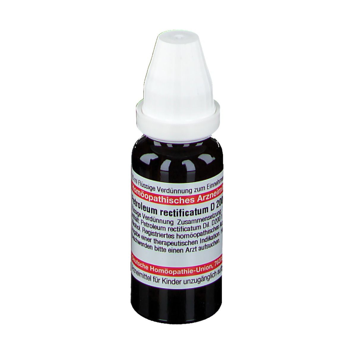 Braune Tropfflasche mit weißem Verschluss. Beschriftung: Petroleum rectificatum D 200, DHU.