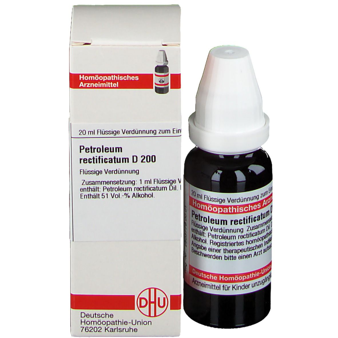 Braune Tropfflasche und Verpackung. Beschriftung: Petroleum rectificatum D 200, DHU.