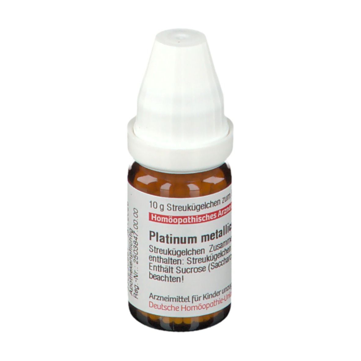 Braune Glasflasche mit weißem Deckel. Etikett mit Produktinformationen: 10 g Streukügelchen, DHU Platinum Metallicum D100.