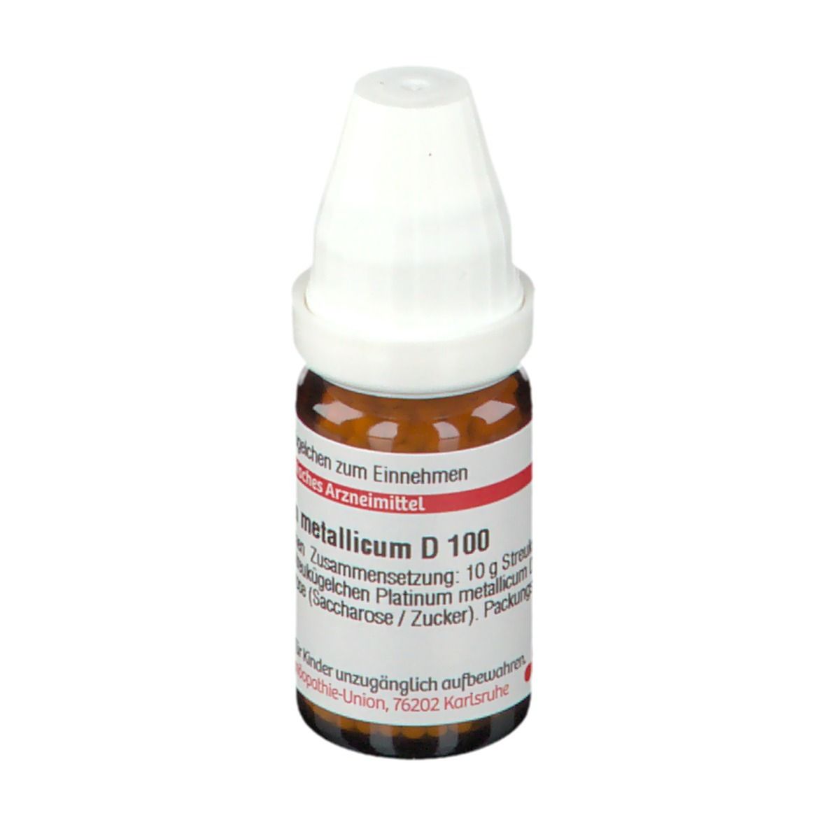 Braune Glasflasche mit weißem Deckel. Etikett mit Produktinformationen: Metallicum D 100, 10 g Streukügelchen.