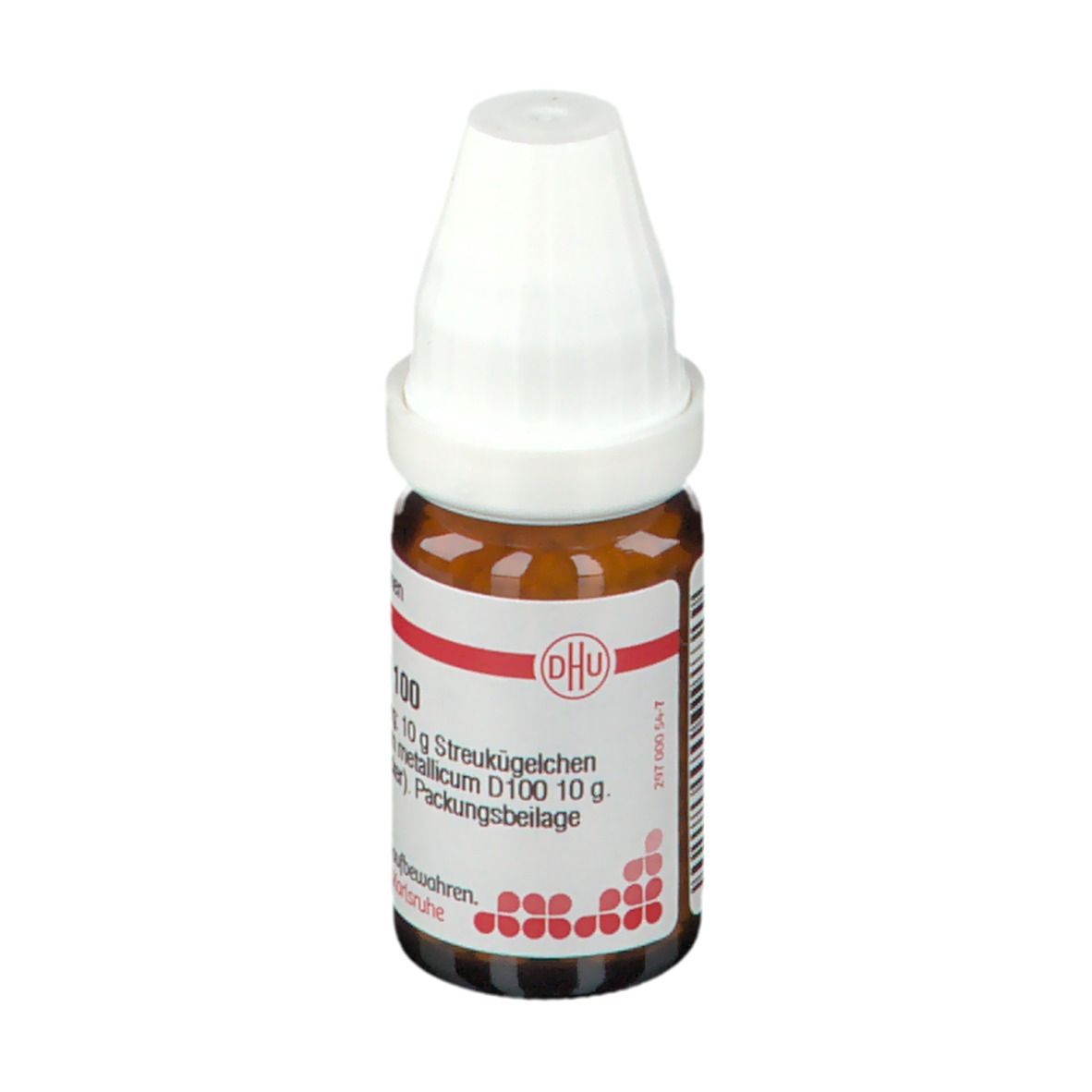 Braune Glasflasche mit weißem Deckel. Etikett mit Produktinformationen: DHU, Platinum Metallicum D100, 10 g Streukügelchen.