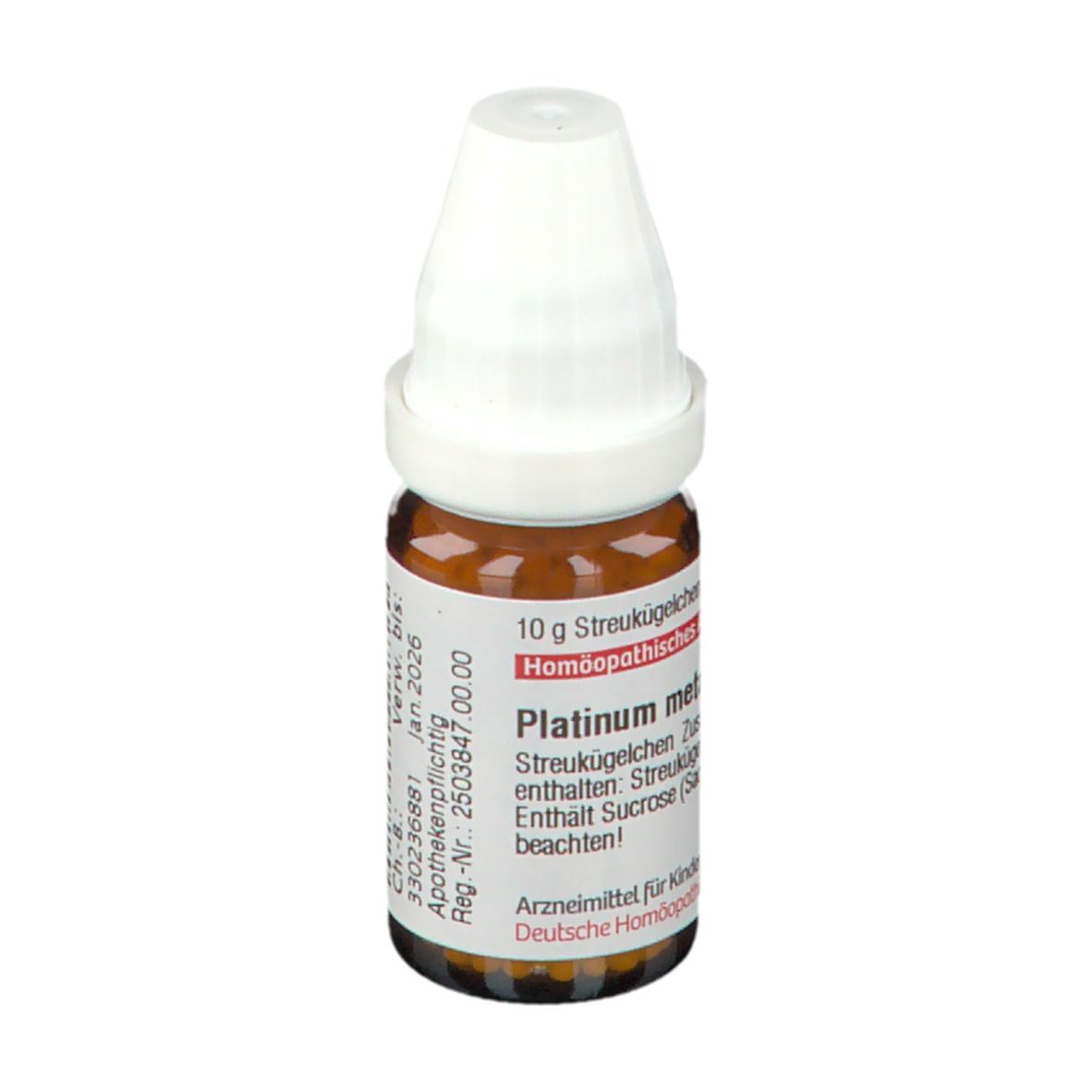 Braune Glasflasche mit weißem Deckel. Etikett mit Produktinformationen: 10 g Streukügelchen, Platinum Metallicum, DHU.