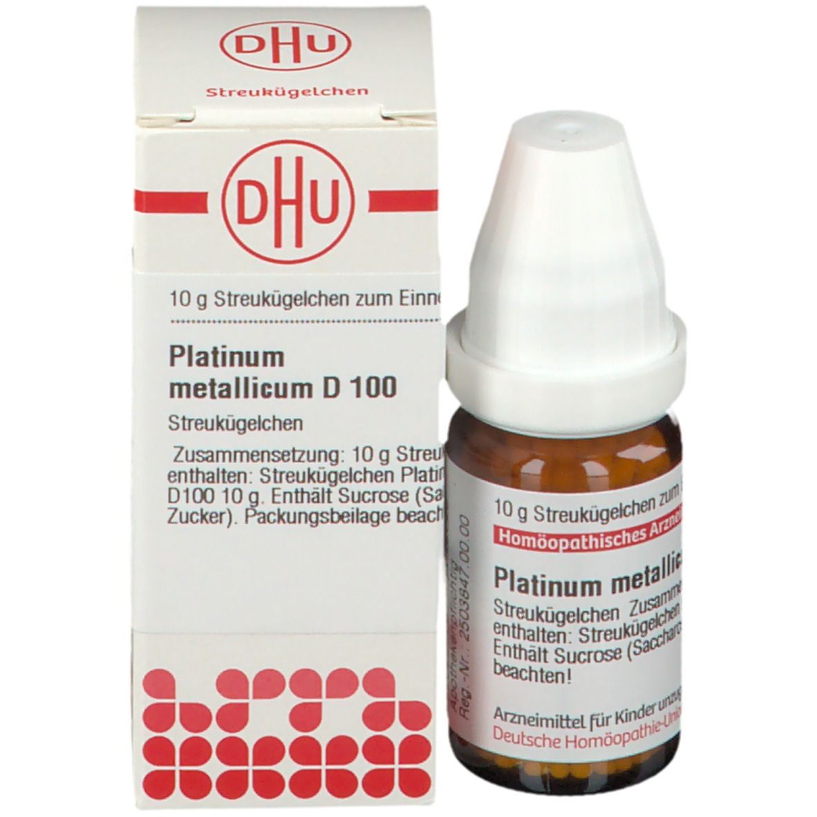 Produktflasche und Schachtel. Schachtel mit DHU-Logo und Produktinformationen: Platinum Metallicum D100, 10 g Streukügelchen.