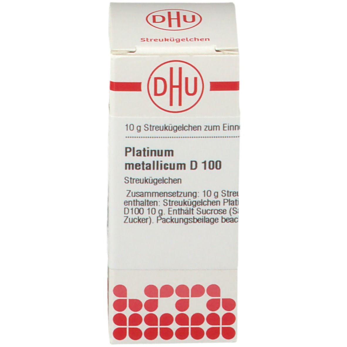 Produktverpackung mit DHU-Logo. Aufdruck: Platinum Metallicum D100, 10 g Streukügelchen zum Einnehmen.