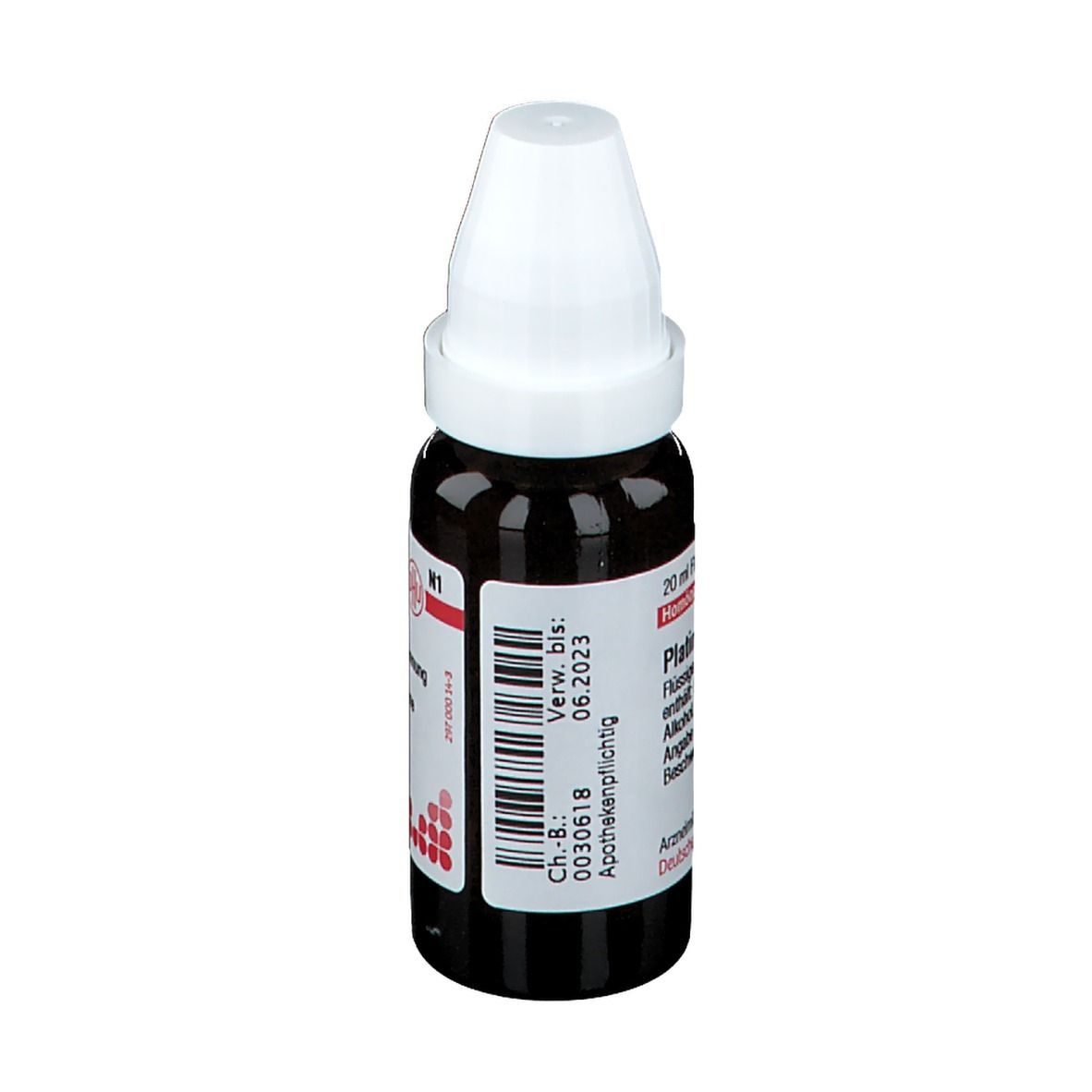 Braune Glasflasche mit weißem Deckel. Etikett mit Barcode und Text: Apothekenpflichtig. Arzneimittel.
