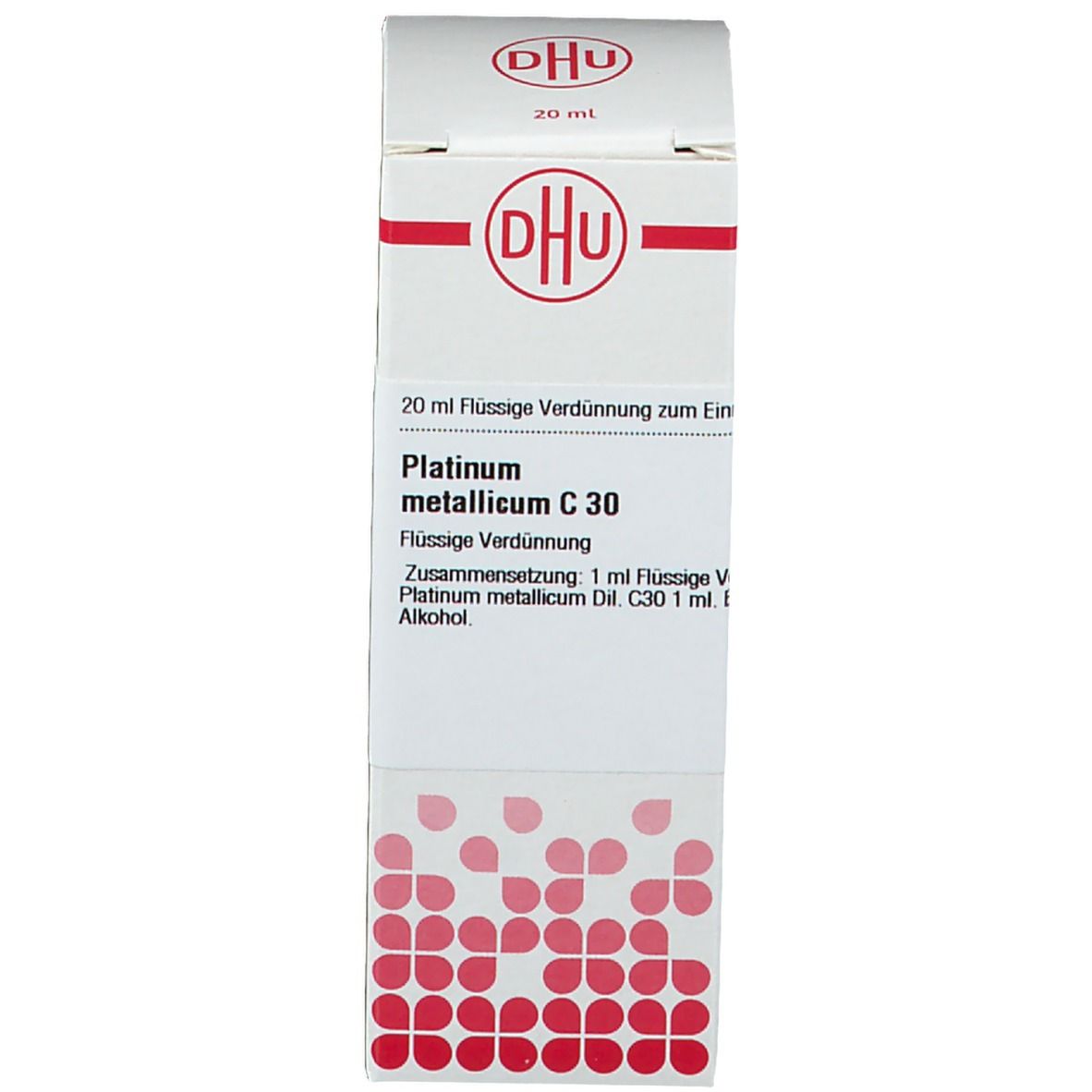 Weiße Schachtel mit Text: DHU, Platinum metallicum C 30, flüssige Verdünnung. Arzneimittel.