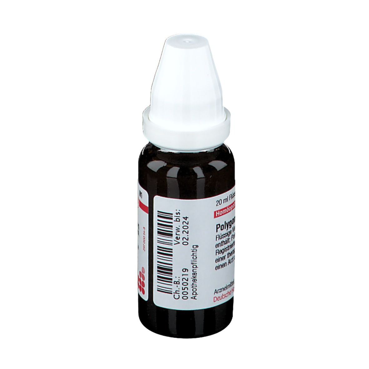 Braune Glasflasche mit weißem Verschluss. Etikett mit Produktinformationen. Verfallsdatum 02.2024.