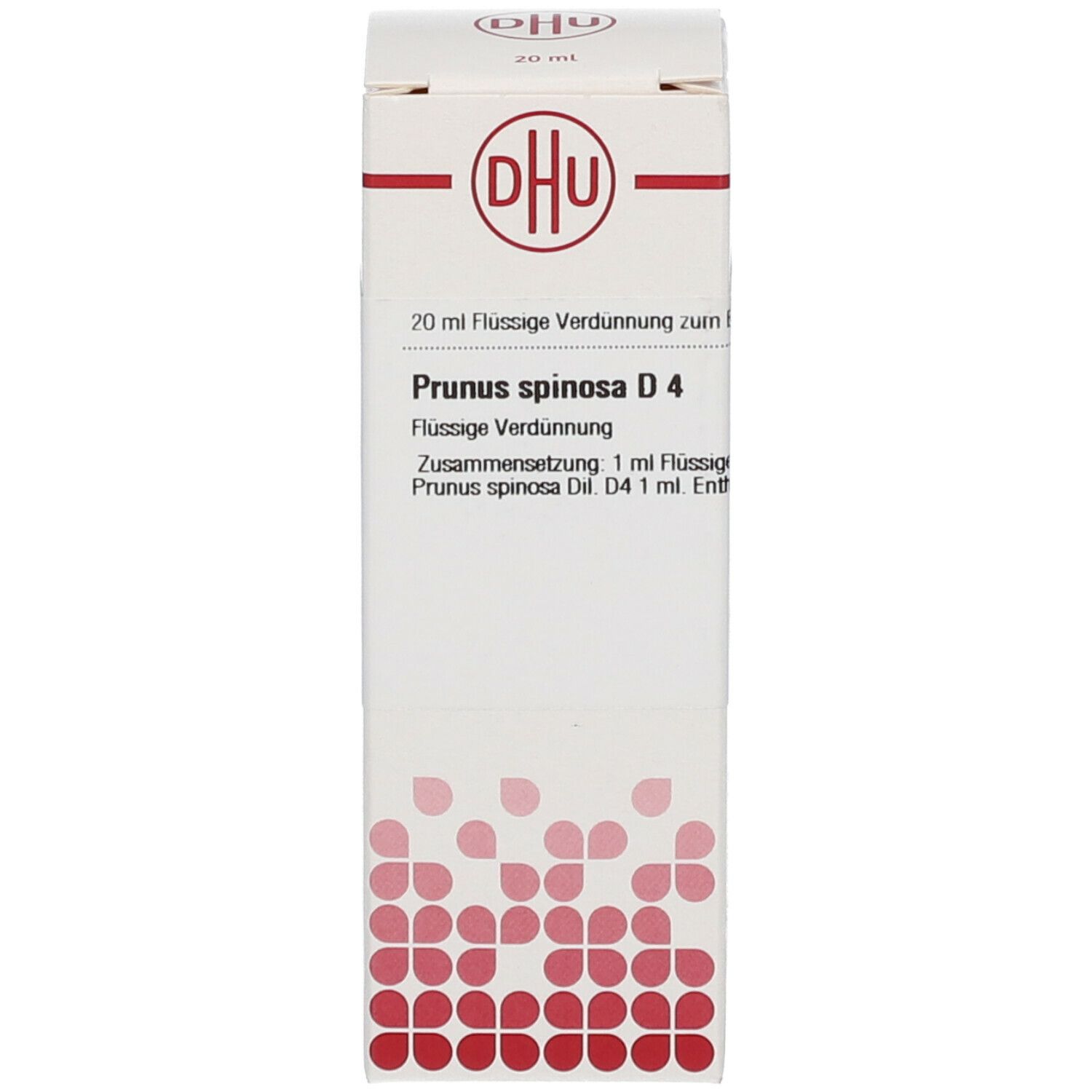 Verpackung mit Aufschrift: DHU, Prunus spinosa D4, 20 ml flüssige Verdünnung. Homöopathisches Arzneimittel. Rote grafische Elemente.