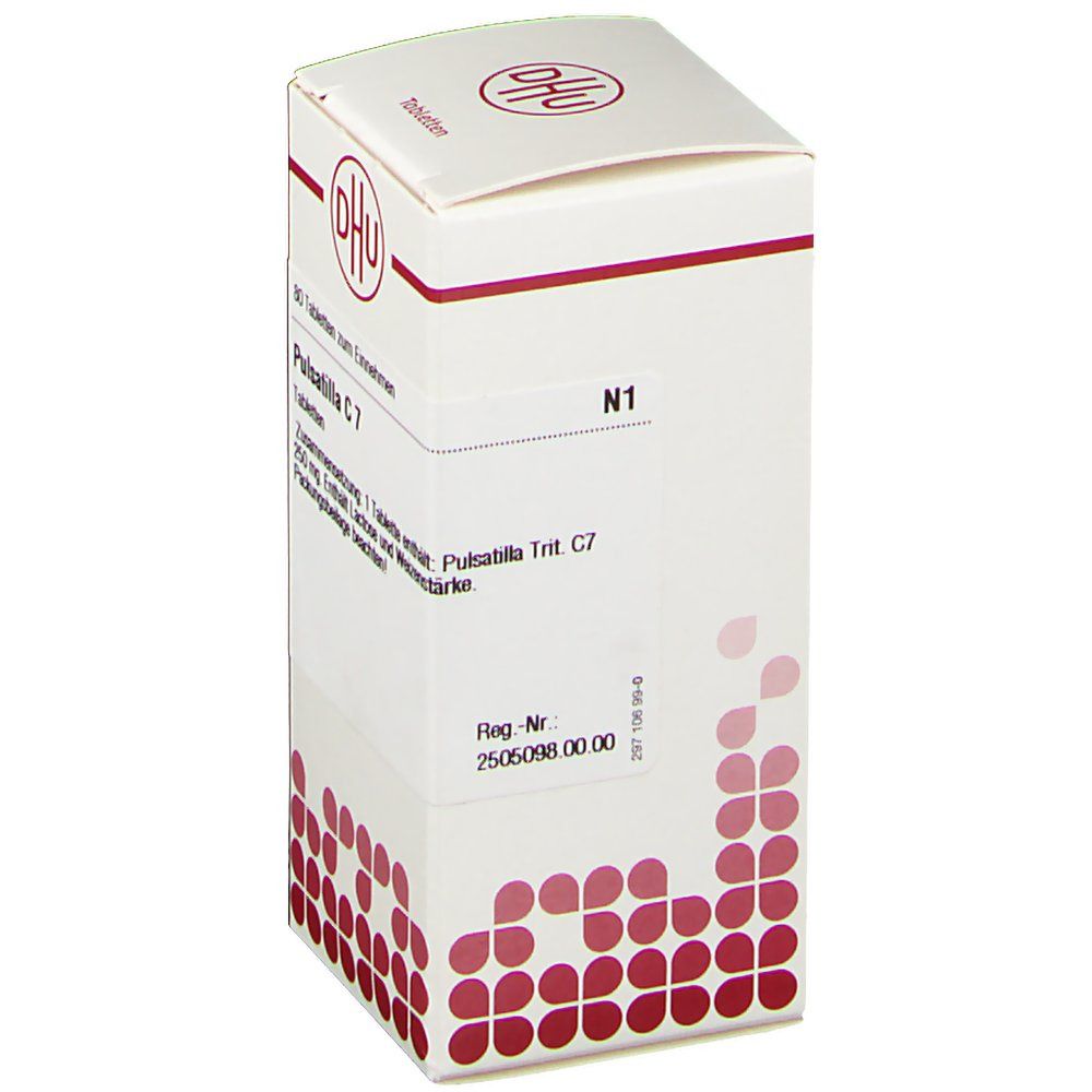 DHU-Tablettenpackung. Aufschrift: Pulsatilla C7. Weißer Karton mit roter Schrift und Logo. N1.
