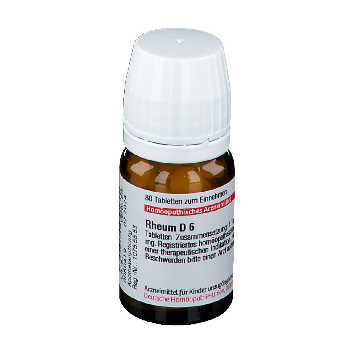 Braune Glasflasche mit weißem Deckel. Etikett mit Text: Rheum D 6, 80 Tabletten. Deutsche Homöopathie-Union.