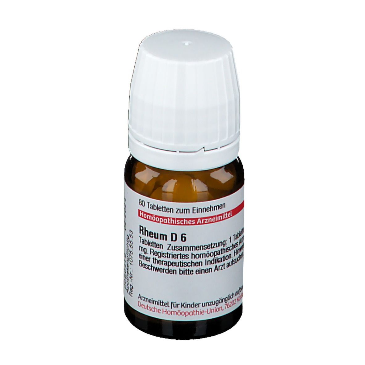 Braune Glasflasche mit weißem Deckel. Etikett mit Text: Rheum D 6, 80 Tabletten. Deutsche Homöopathie-Union.