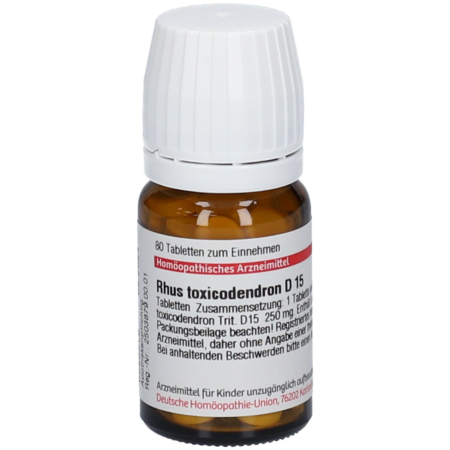 Braune Glasflasche mit weißem Deckel. Etikett mit Produktinformationen: Rhus toxicodendron D15, 80 Tabletten.
