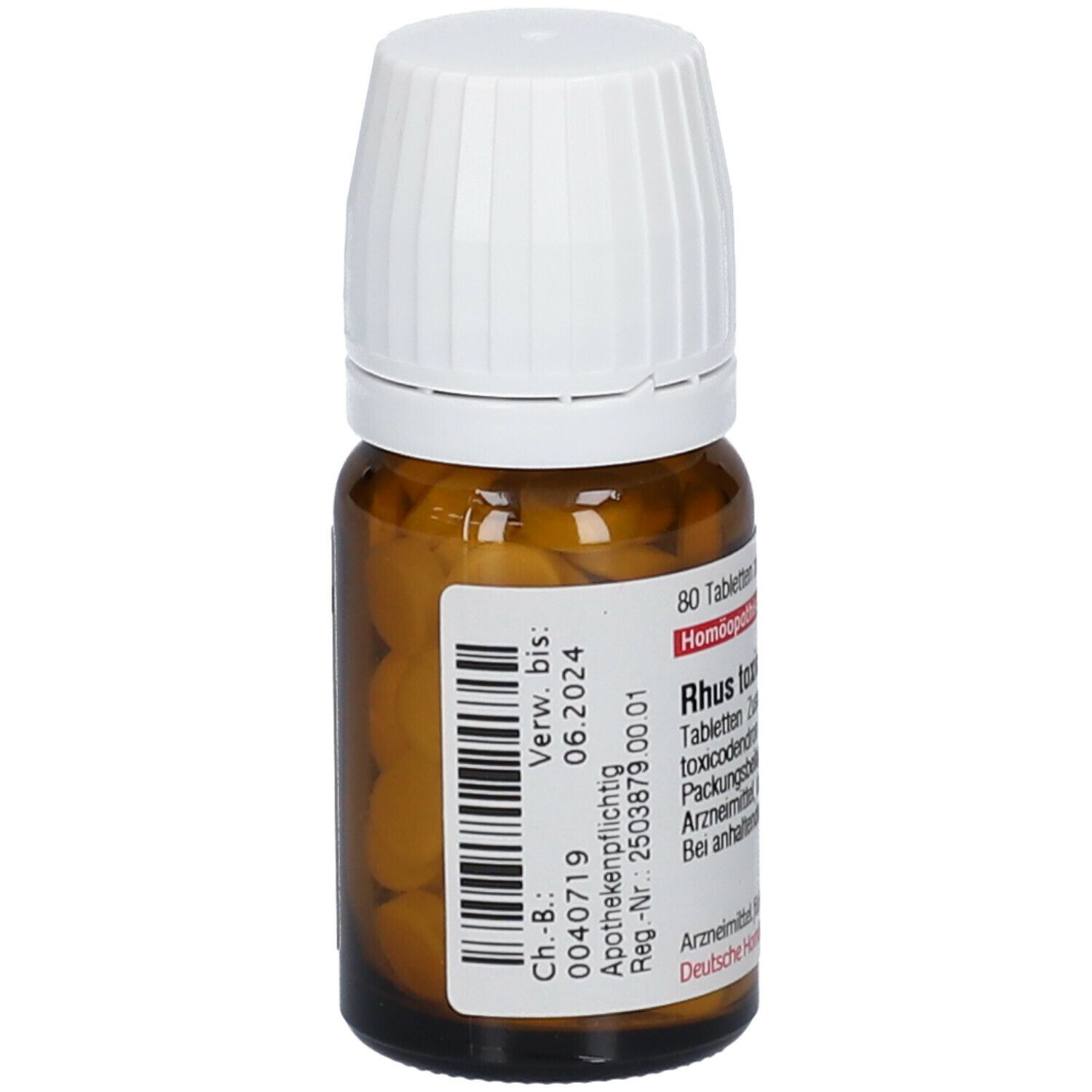 Braune Glasflasche mit weißem Deckel. Etikett mit Produktinformationen und Verfallsdatum: 06.2024.