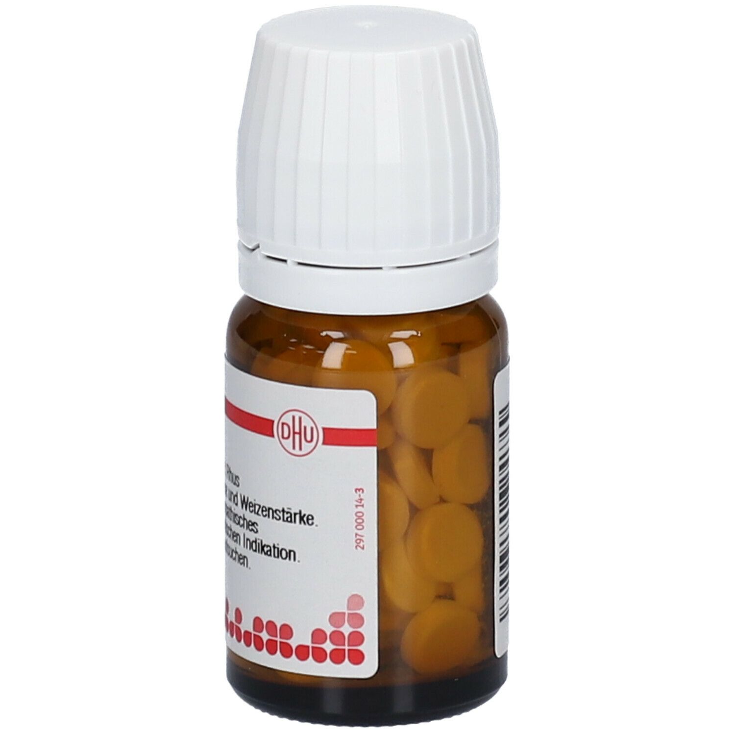 Braune Glasflasche mit weißem Deckel. Etikett mit Produktinformationen, DHU Logo und Tabletten.